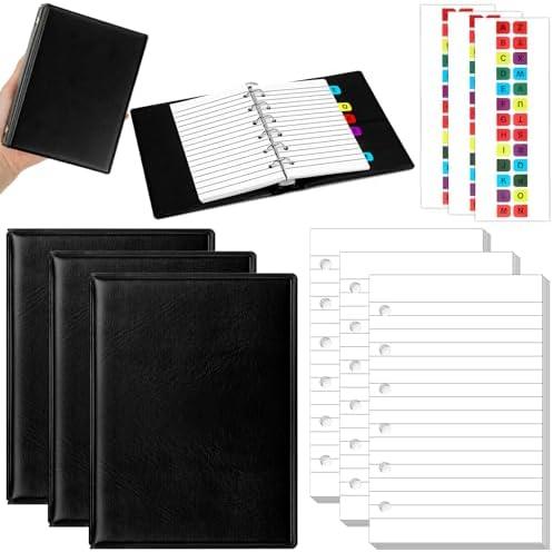 Engrowtic 3 Set Mini 6 Ring Binder 3 x 5 Inch 300 Paper Refill 78 Alphabet Dividers Small Index Tabs 3 Black PU Leather Binder Professional Ring Planner Notebook Kit (Lined)
