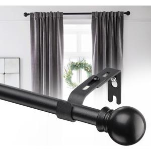 Curtain Rods for Windows 32in, Matte Black Curtain Rod with Simple Round Finials, Metal Drapery Rods for Bedroom, Kitchen, Cafe, Anti-Rust Steel Single Rod with Wall Mounted Bracket, Black