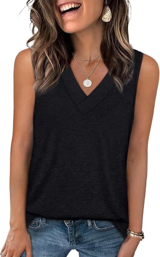 WIHOLL Tank Tops for Women Summer V Neck T Shirts Trendy Sleeveless Basic Tees Fashion Clothing, Black, L