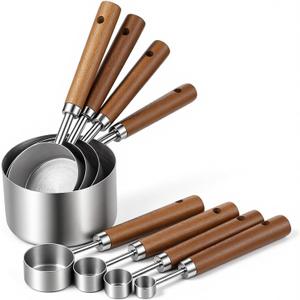 8 Piece Measuring Cups and Spoons Set, Measuring Cup Set with Wooden Handle and Metric and US Measurements, Silver Polished Finish, for Cooking and Baking in The Kitchen (Silver)