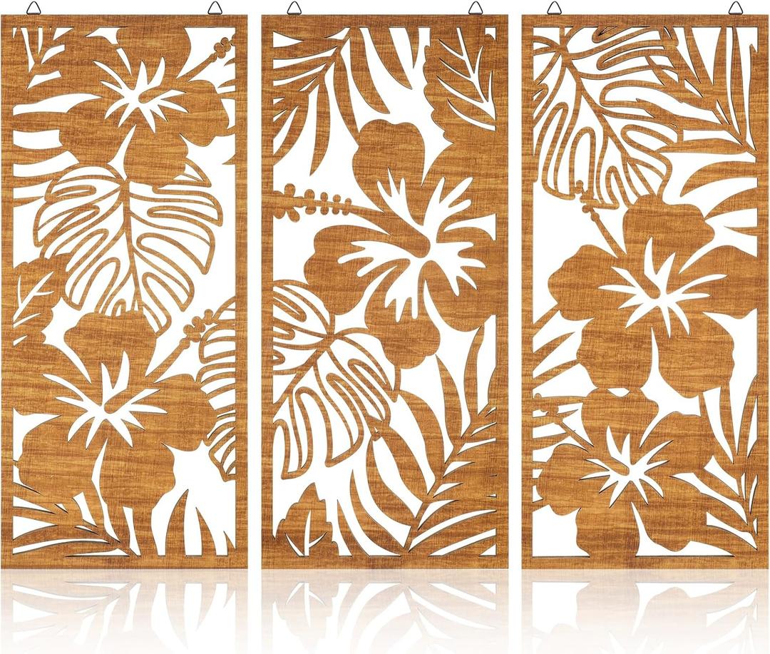 3 Pcs Tropical Wall Decor 3D Wooden Palm Leaf Wall Art Minimalist Monstera Sculptures Wood Hibiscus Flowers Hanging Decor Vintage Plant Plaque for Home Bathroom Office(Classic Style)