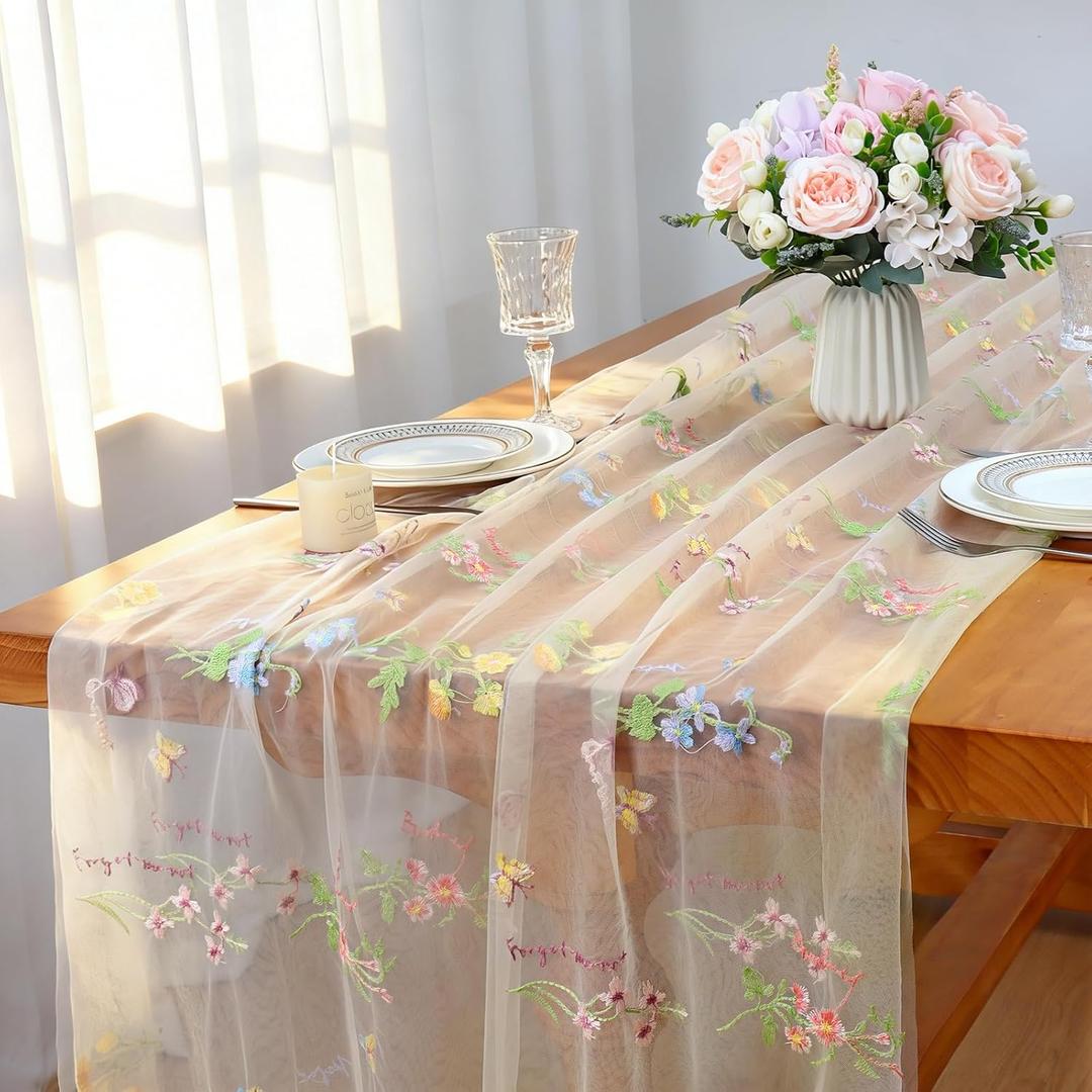 LOMOHOO Champagne Gauze Table Runner with Embroidery Wild Flowers, 30x120in 10ft Floral Seasonal Sheer Table Runners for Dining Holiday Wedding Birthday Baby Shower Table Decor DIY Craft (1pcs)