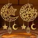 Eid Decorations for Home, Eid Mubarak Moon & Star Wooden Hanging Ornaments  Gold Islamic Crescent Moon for Eid al-Fitr Sign, Muslim Home Decor, Eid Gifts, Ramadan Party Wall Door Wreath