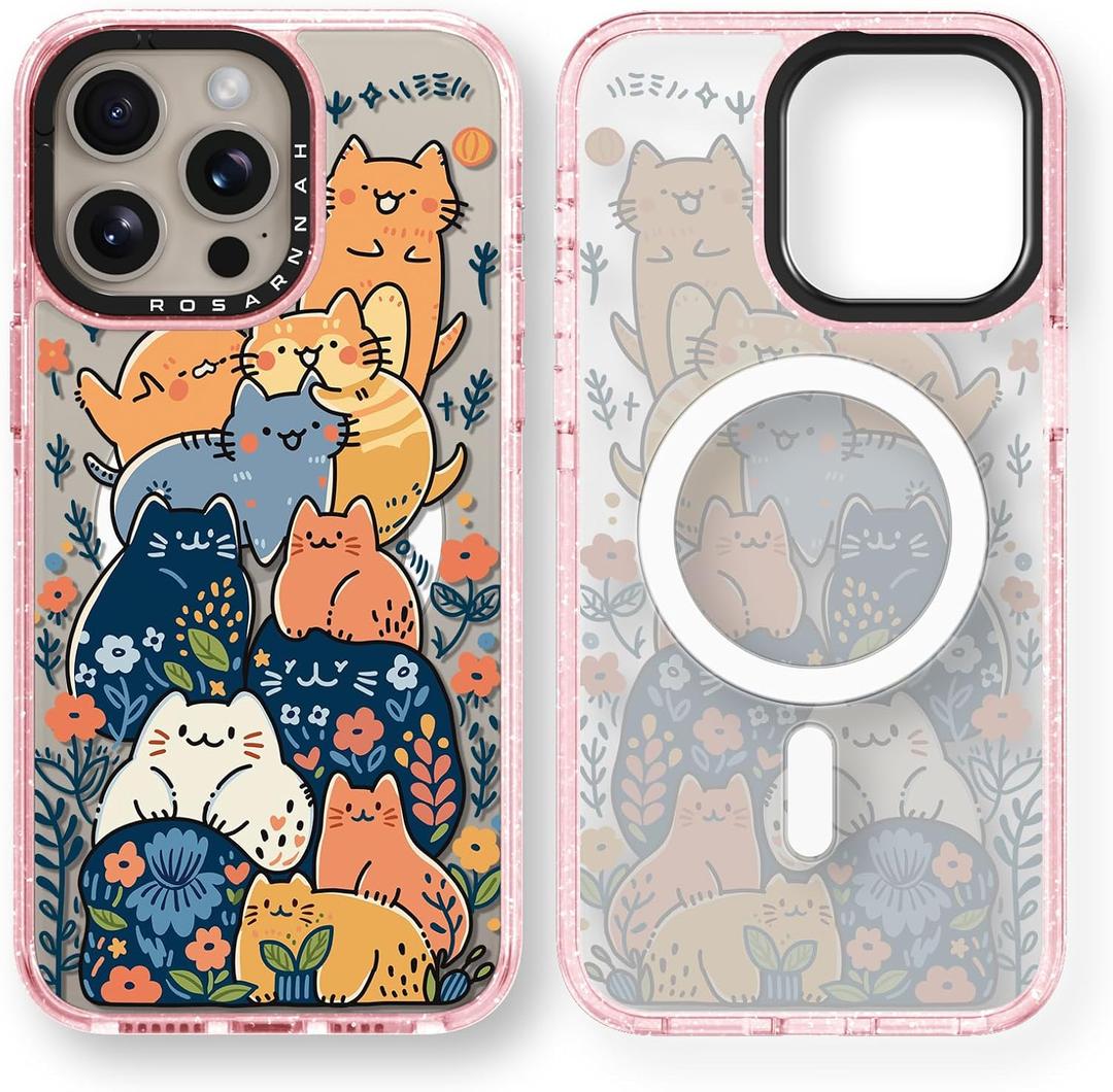 Magnetic for iPhone 15 Pro Magsafe Case Cute - Durable Shockproof 6.6 ft Drop Impact Phone Case - Funny Cats Party Design for iPhone 15 Pro 6.1" Glitter Pink