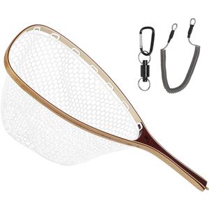 Kylebooker Fly Fishing Landing Net Wooden Frame Trout Fishing Net Soft Rubber Mesh for Catch and Release