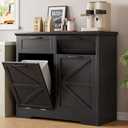 Double Tilt Out Trash Can Cabinet, 2x10 Gallon Farmhouse Hidden Garbage Recycling Bin with Drawer, Freestanding Wooden Pet Proof Trash Cabinet & Laundry Hamper for Kitchen, Living Room, Black
