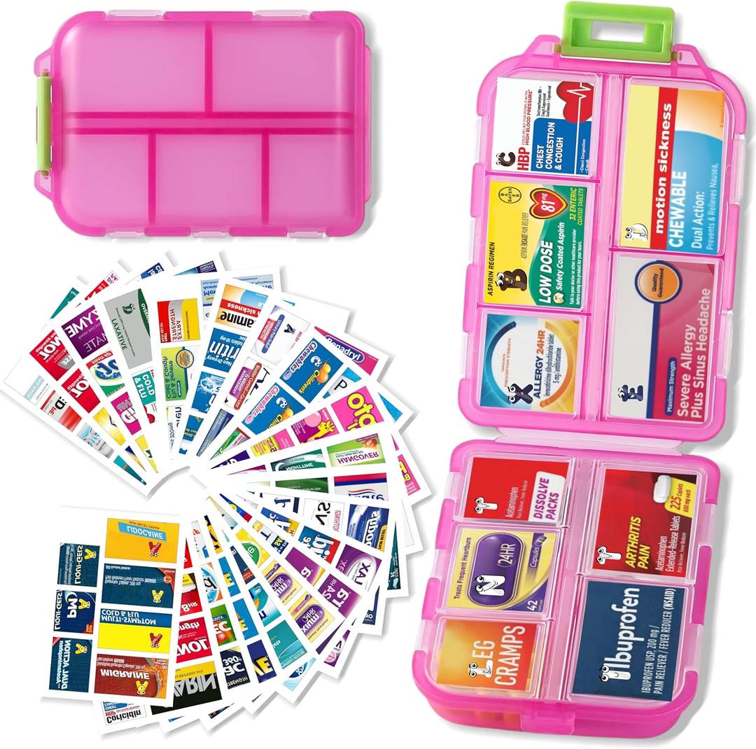 Pill Organizer with Medicine Labels Travel Daily Pill Container Mini Medication Organizer Storage Pill Organizer Travel Essentials Pill Case 7 Day (Pink & 161 Lables) (Standard)