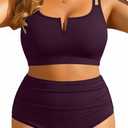 Women Plus Size High Waisted Bikini - Ribbed Two Piece Swimsuit Tummy Control Bathing Suit V-Wired 2025 Swimwear (Dark Purple, 18W)