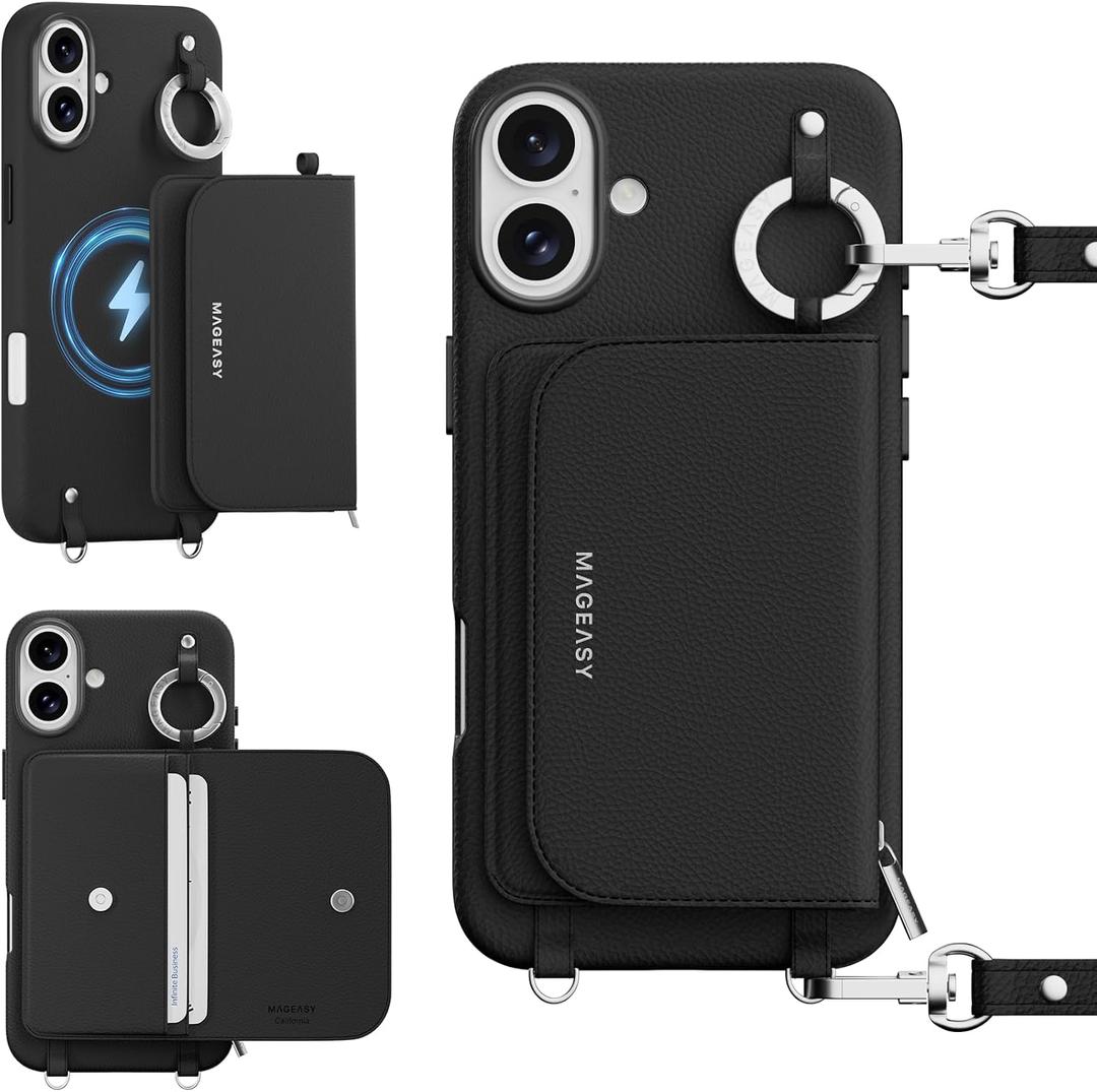 MAGEASY Pouch MagSafe Crossbody Wallet Phone Case for iPhone 16 Plus - Removable Wallet with Strap, 16ft Drop Protection, Card Holder & Coin Pocket Magnetic Purse Compatible with MagSafe (Black)