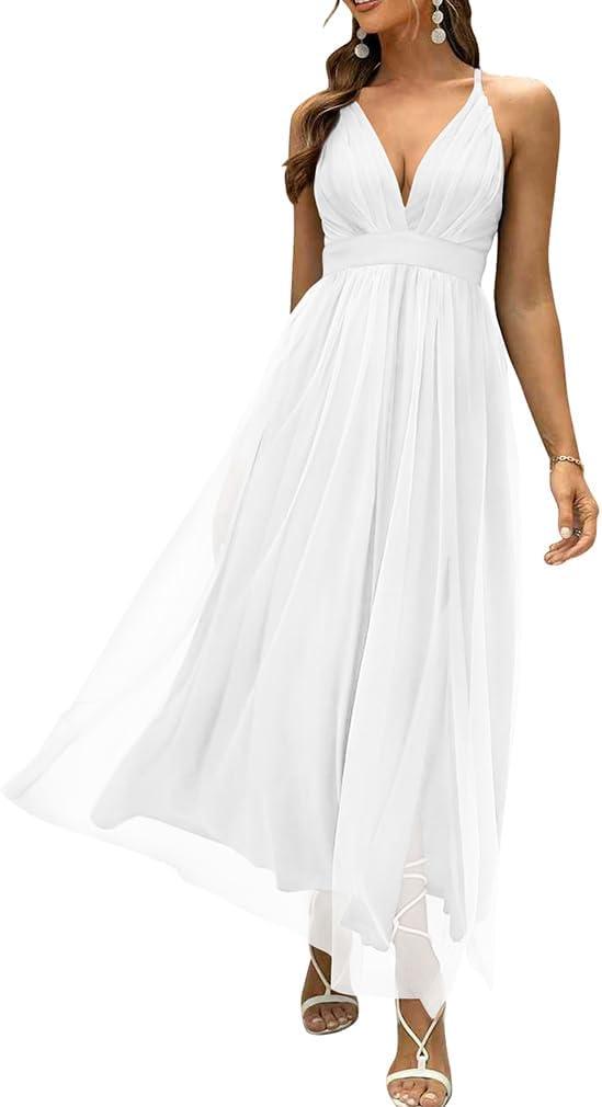 XXTAXN Women's Formal Sexy Mesh Wrap V Neck Sleeveless Spaghetti Strap Adjustable Wedding Guest Long Dress (White)