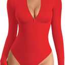 MANGOPOP Long Sleeve Body Suit Mock Turtle Neck Zip Up Bodysuit for Women Ribbed Deep V Sexy Bodysuit Shirts, Size L, Red