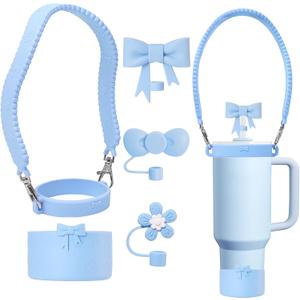 Stanley Cup Silicone Bow Accessories Set Including Water Bottle Handle Strap,Reusable Cute Straw Covers Toppers and Boot,Tea Strainer,Compatible with Stanley 40oz & 30oz Tumbler (Blue)