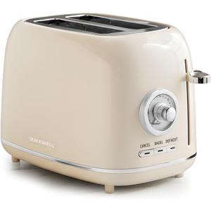 2-Slice Toaster, Wide Slots, 7 Bread Shade Settings, Stainless Steel, Bagel, Cancel, and Defrost Functions, Removable Crumb Tray, Retro Style Toaster,Beige