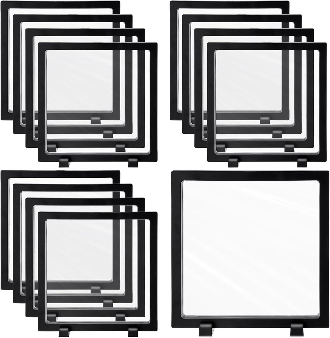 Harloon 12 Pcs 3D Floating Display Case Floating Frame Display Holder Stands Challenge Coin Jewelry Frame Box for AA Medallions Fossil Rock Gemstones Specimen(Black,7 x 7 x 0.8 Inch,Square Base)