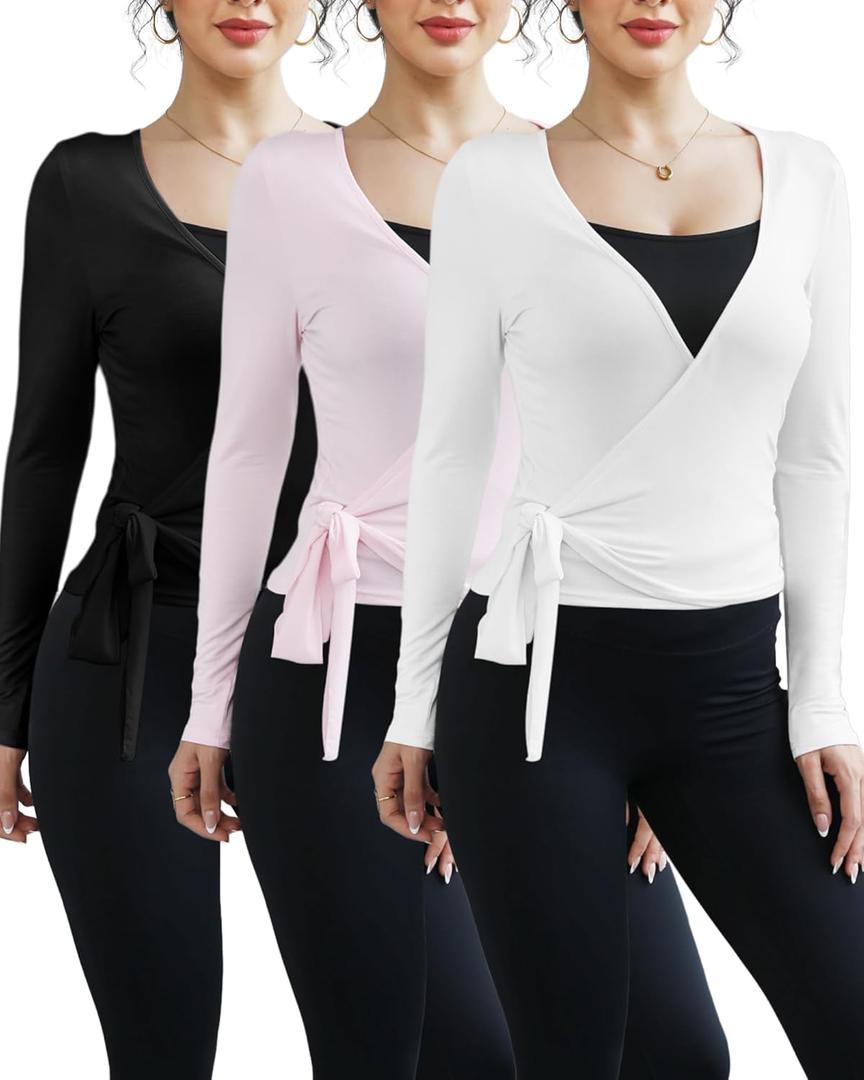 3 Pack Women Ballet Pilates Wrap Tops Y2K Workout Yoga Wrap Shirts Dance Long Sleeve Tie Front Crop Going Out Tops, Small, Black, Pink, White)