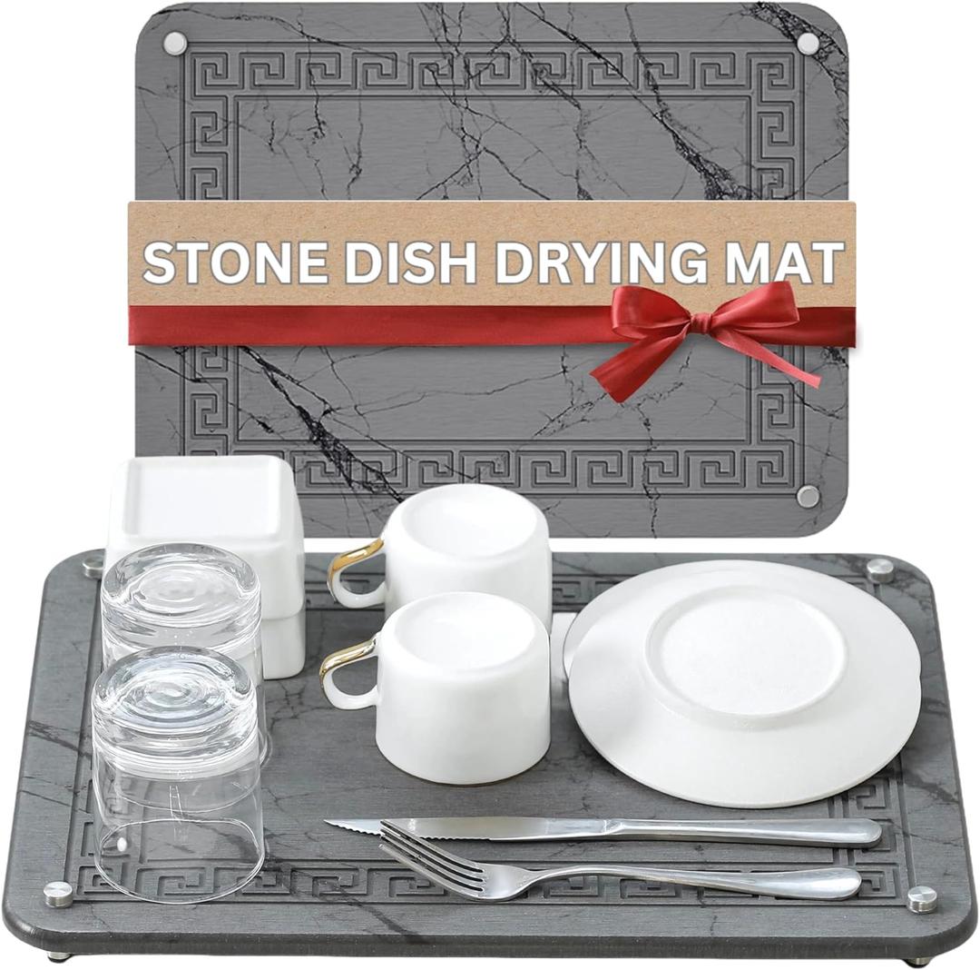 Stone Drying Mat for Kitchen Counter - Marble Diatomaceous Earth Dish Drying Stone, 15.8 x11.8" Sink Mat (Grey) (Gray)