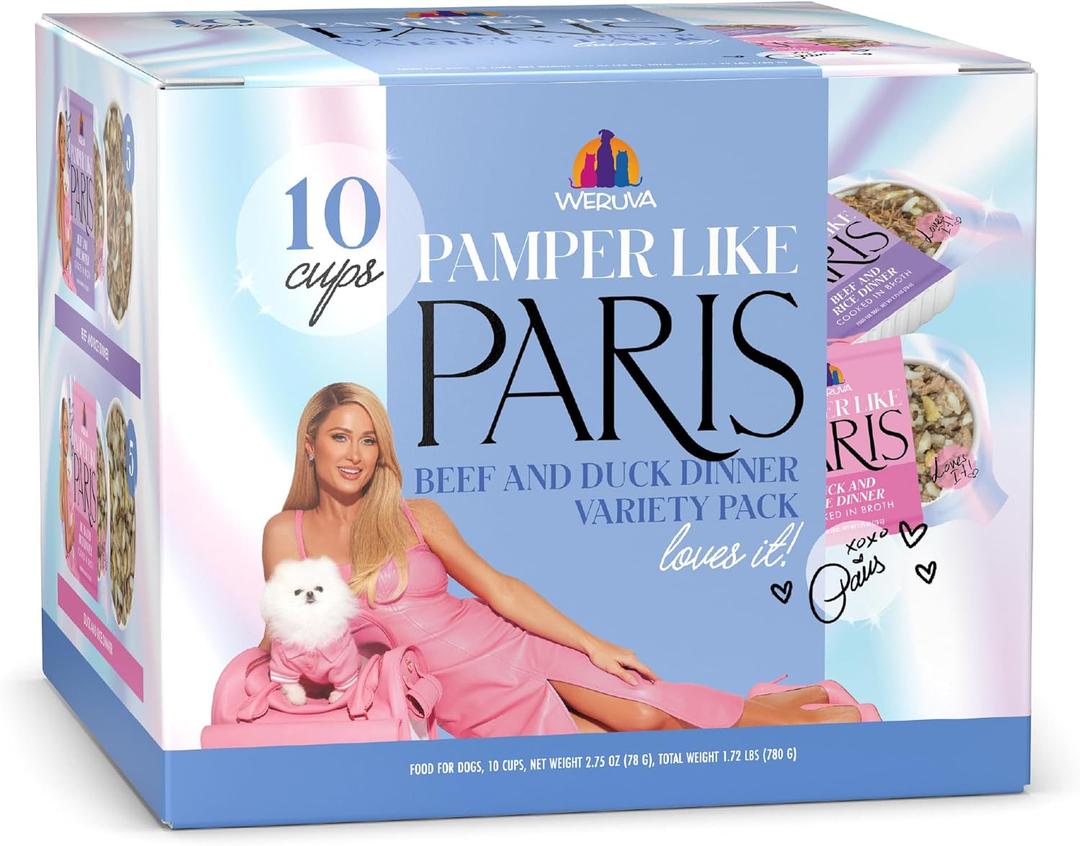 Weruva Pamper Like Paris Natural Wet Dog Food, Beef and Duck Recipes Cooked in Broth Variety Pack (2.75oz Cup, Pack of 10) (EXP 09/01/26)