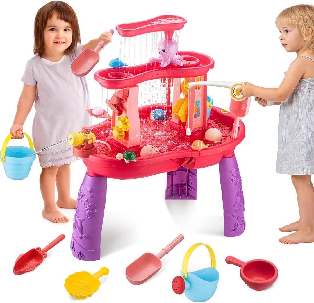 Water Table for Toddlers 3-5 Outdoor Toys for Kids Ages 4-8 3-Tier Kids Sand Water Table with Fishing Game Set Activity Sensory Table Summer Gift Beach Outside Toys for Toddler Girl
