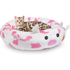26" Strawberry Cow Pet Bed, Calming Dog & Cat Plush Bed, Fulffy Comfy Padded Cat Mat Plush Pet Bed, Non-Slip Bottom, Soft Washable Sleeping Dog Cot for Medium Small Dogs Cat Puppy Kitty