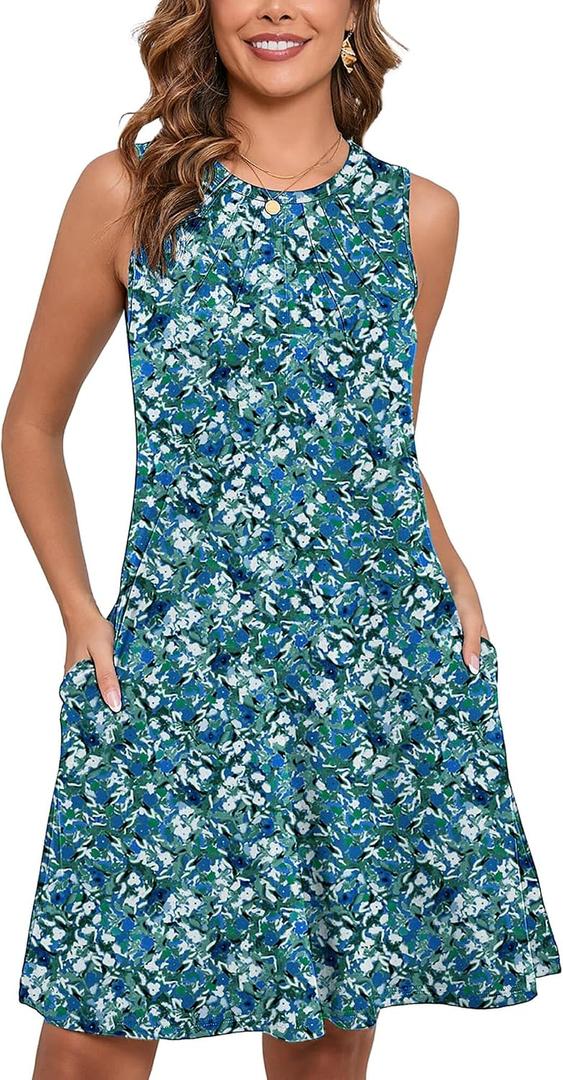 Heymoments Women's Summer Sleeveless Crewneck Dresses Casual Loose Fitted Tank Sundress with Pockets (M)