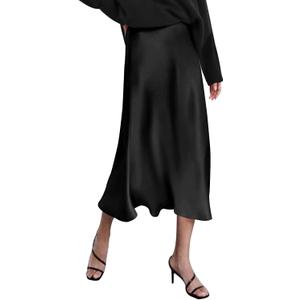 Zeagoo Skirts for Women Jacquard High Waist Skirt Black Elegant Midi Skirt Satin (X-Large)