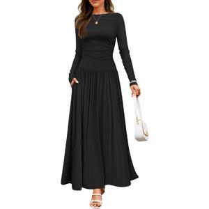 ZESICA Women's Long Sleeve Fall Maxi Dress 2026 Crewneck Knit Casual Slim Swing Pleated Dresses with Pockets (Black, M)