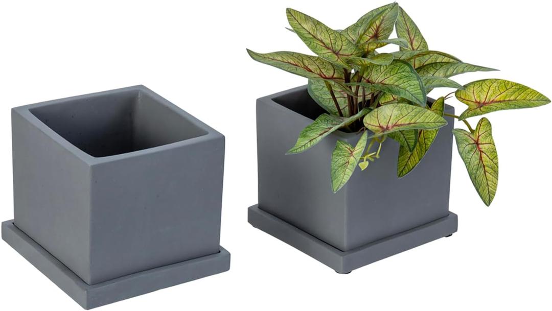 MyGift 5-inch Dark Gray Cement Indoor Plant Pot with Drainage, Mini Square Succulent Planter Includes Removable Tray, Set of 2