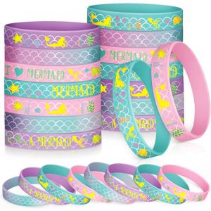 Zomiboo 24 Pack Mermaid Silicone Wristband Birthday Bracelets Mermaid Party Favors for Boys Girls Birthday Party Under The Sea Themed Baby Shower Supplies Classroom Gift Exchange School Games Prizes