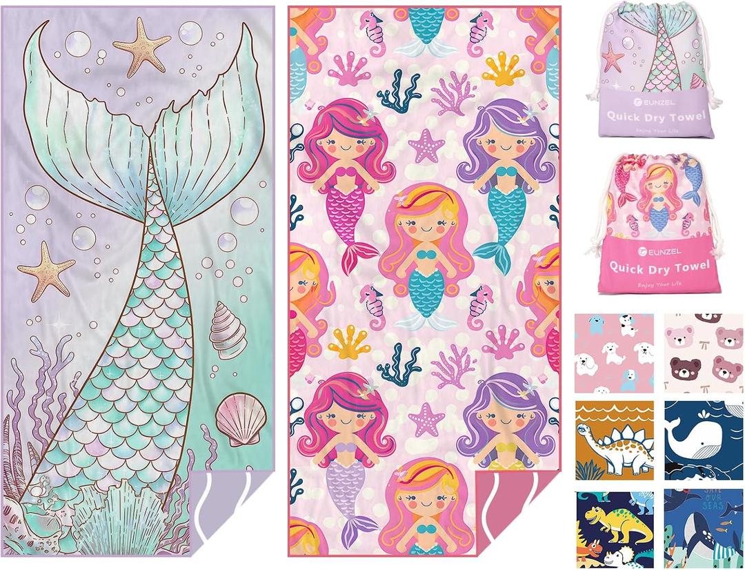 Eunzel 2 Pack Microfiber Kids Beach Towel, Quick Dry Towels for Girls & Boys Sand Free Travel Towel for Beach, Camping, Swim Pool 60"x30"Mermaid Tail& Mermaid, 60 inches by 30 inches