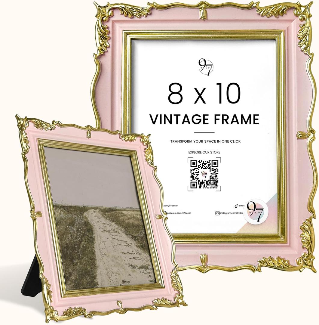 97 Decor Vintage Picture Frame 8x10 - Antique 8x10 Pink Gold Frame For Tabletop And Wall Hanging, Fancy 8 x10 Photo Frame Coquette Wall Decor