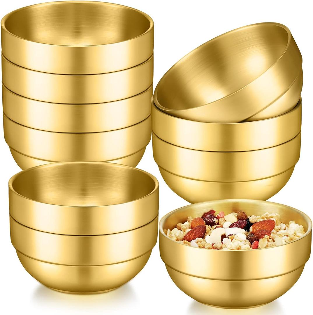 Lallisa 10 Pieces Gold Mixing Bowls Double Wall Thick 304 Metal Stainless Steel Bowls for Wedding Party Rice Noodle Fruit Salad Soup Facial Serving Cooking Baking Storing(4.1 Inches)
