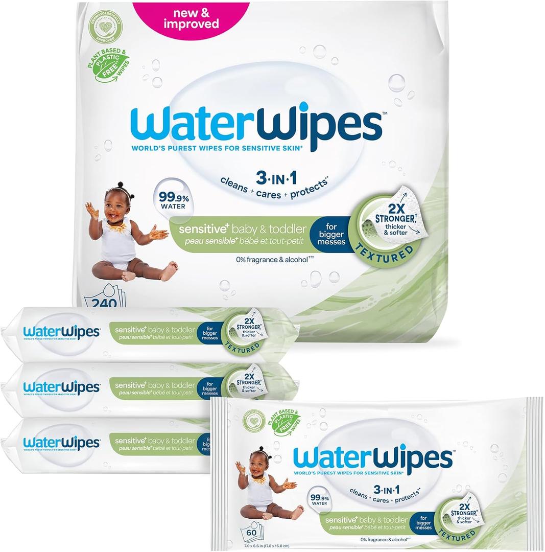 WaterWipes Sensitive+ Baby & Toddler Wipes, 3In1 Cleans, Cares, Protects, 99.9% Water, Textured Clean, Unscented & Hypoallergenic, 240 Count (4 Packs)