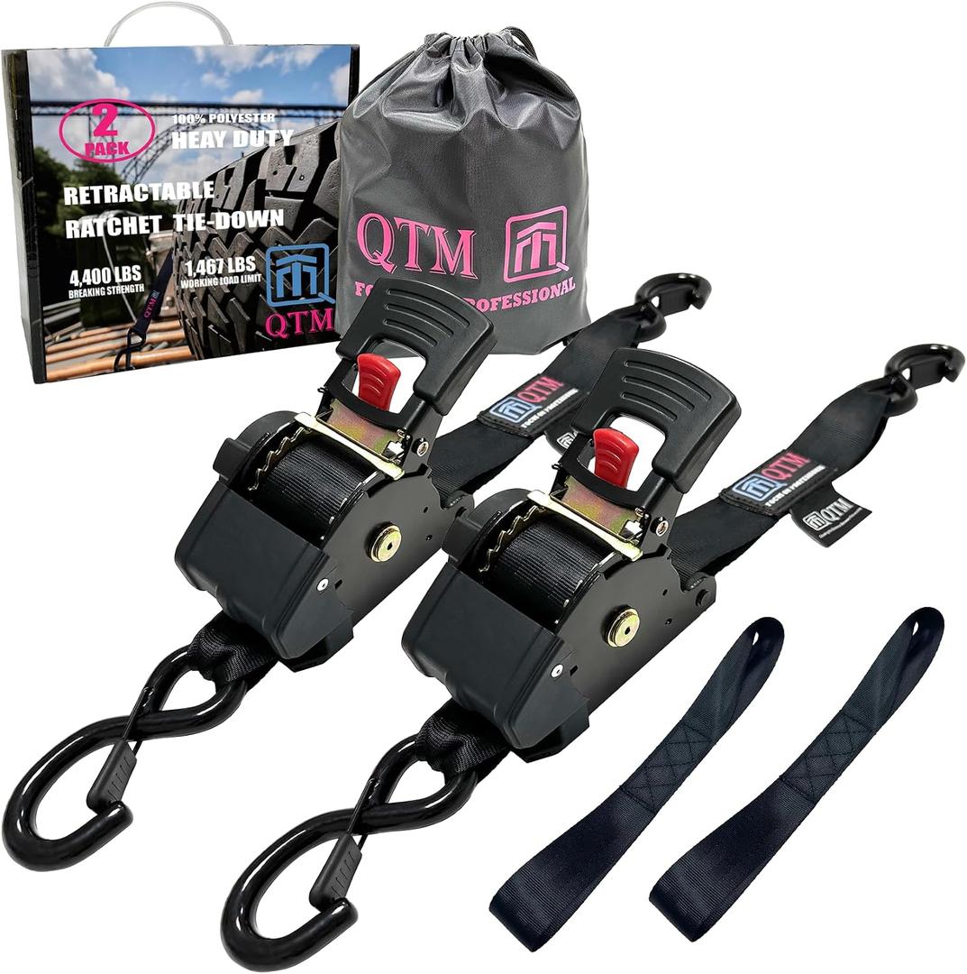 QTM 1.73" X 10' Retractable Ratchet Straps, 2-Pack, Heavy Duty, 4,400LBS Max Breaking Strength, Ratchet Straps Self Retractabel, Coated S Hook for Motorcycle, Truck, Trailer