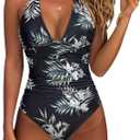 SUUKSESS Women Sexy Tummy Control One Piece Swimsuits Halter Push Up Bathing Suits (Large, #1 Black Floral)