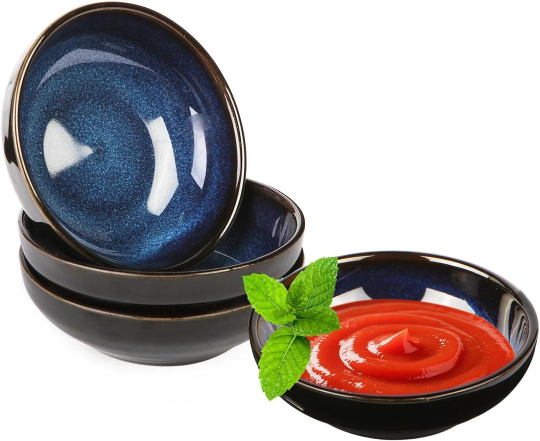 4 Pack Soy Sauce Dishes,2.71 oz Blue Ceramic Dipping Bowls,Pinch Bowls, Mini Small Dip Bowls Set,Sauce Dish Bowl for Side Dish,Ketchup,Soy, BBQ, Sushi, Party, Appetizer Condiments Serving Bowl Set