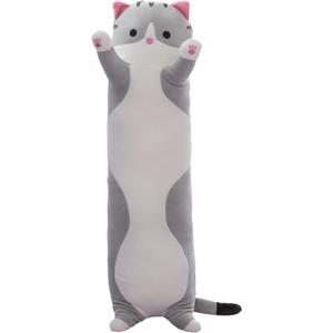 Cute Cat Plush Long Body Pillow Soft Cartoon Stuffed Animal Doll, Kawaii Cat Plushie Toy Pillow Gifts for Kids, Girls & Girlfriend (Gray, 19.7 Inch)