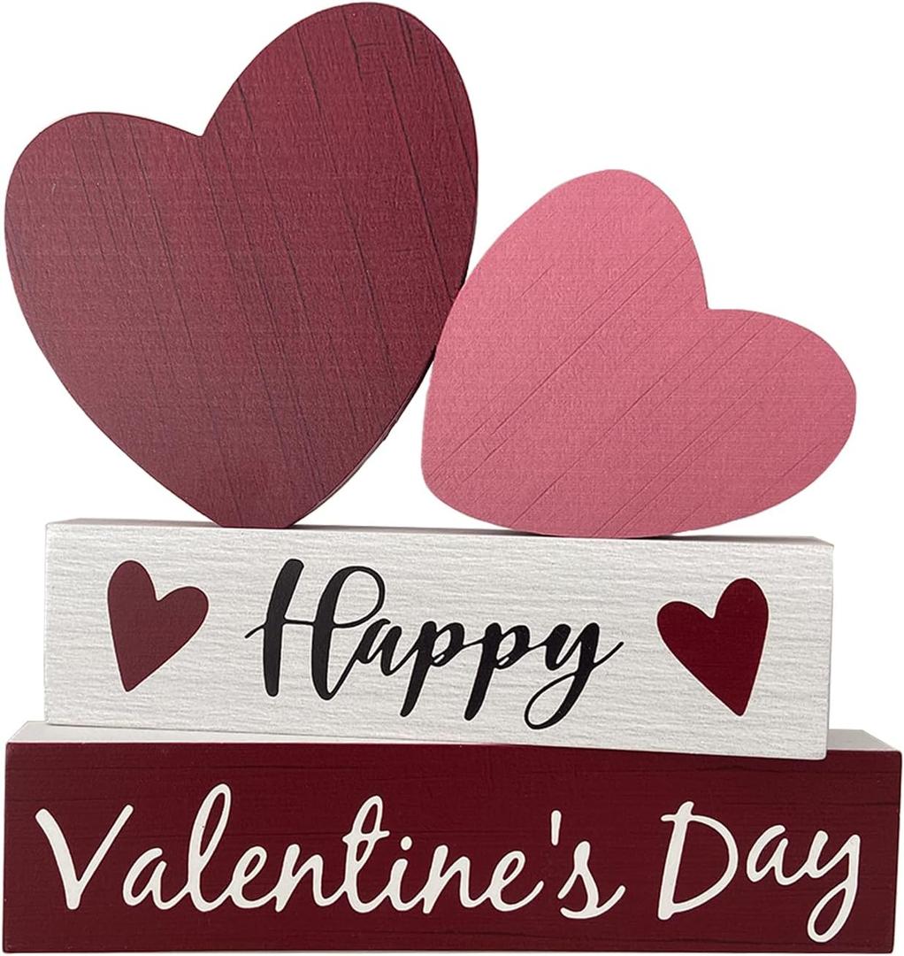 Valentines Table Decor, Happy Valentines Day Decorations for Home Office Indoor, Neutral Rustic Farmhouse Wooden Heart Signs for Mantel Shelf Decor, Valentine Centerpieces Decorative Signage