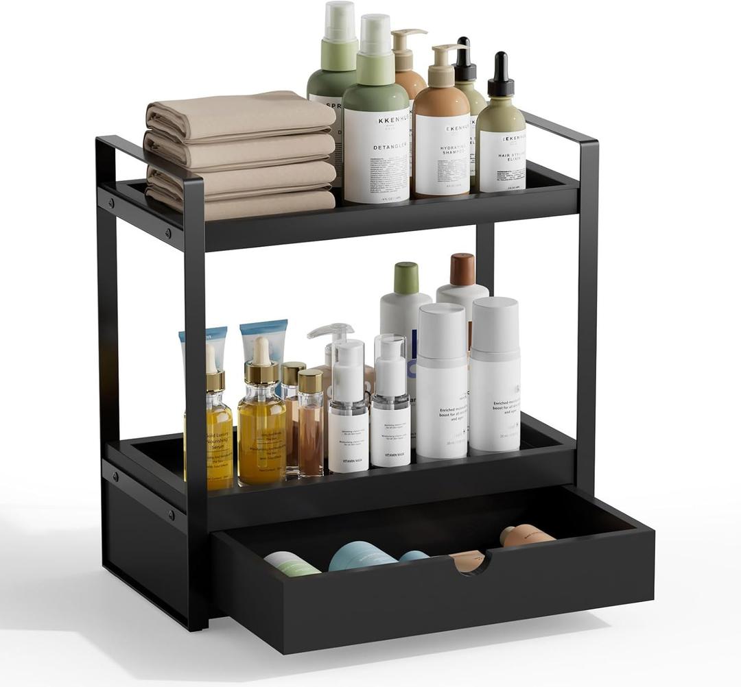 Boulphia 2-Tier Bathroom Organizer Countertop with Drawer, Wood Bathroom Counter Shelf for Storage, Vanity Organizer Countertop for Kitchen, Office (Black)