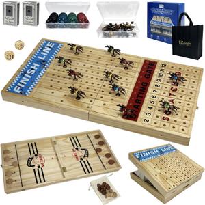 Large 23 inches Horse Racing Board Game with 11 Luxury Metal Numbered Horses, Foldable Wood Horse Race Board Game with 2 Sets of Dice, 2 Boxes of Cards, 80pc Poker Chips for Parties and Gambling (Log Color)