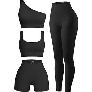 4 Piece Workout Sets For Women Ribbed Leggings Clothes Yoga Sets Active Wear Matching Work Out Sets Gym Pilates Outfits (Large, Black)
