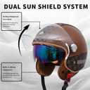 Leather Motorcycle Helmet Dual Visor 3/4 Open Face Motorcycle Helmet for Men & Women, DOT Approved Unisex Retro Half Helmet，Motorbike Casco for Moped Cruiser (Brown, L)