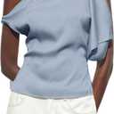 MakeMeChic Women's Satin Off The Shoulder Sleeveless Tie Back Dressy Tanks (Blue, S)