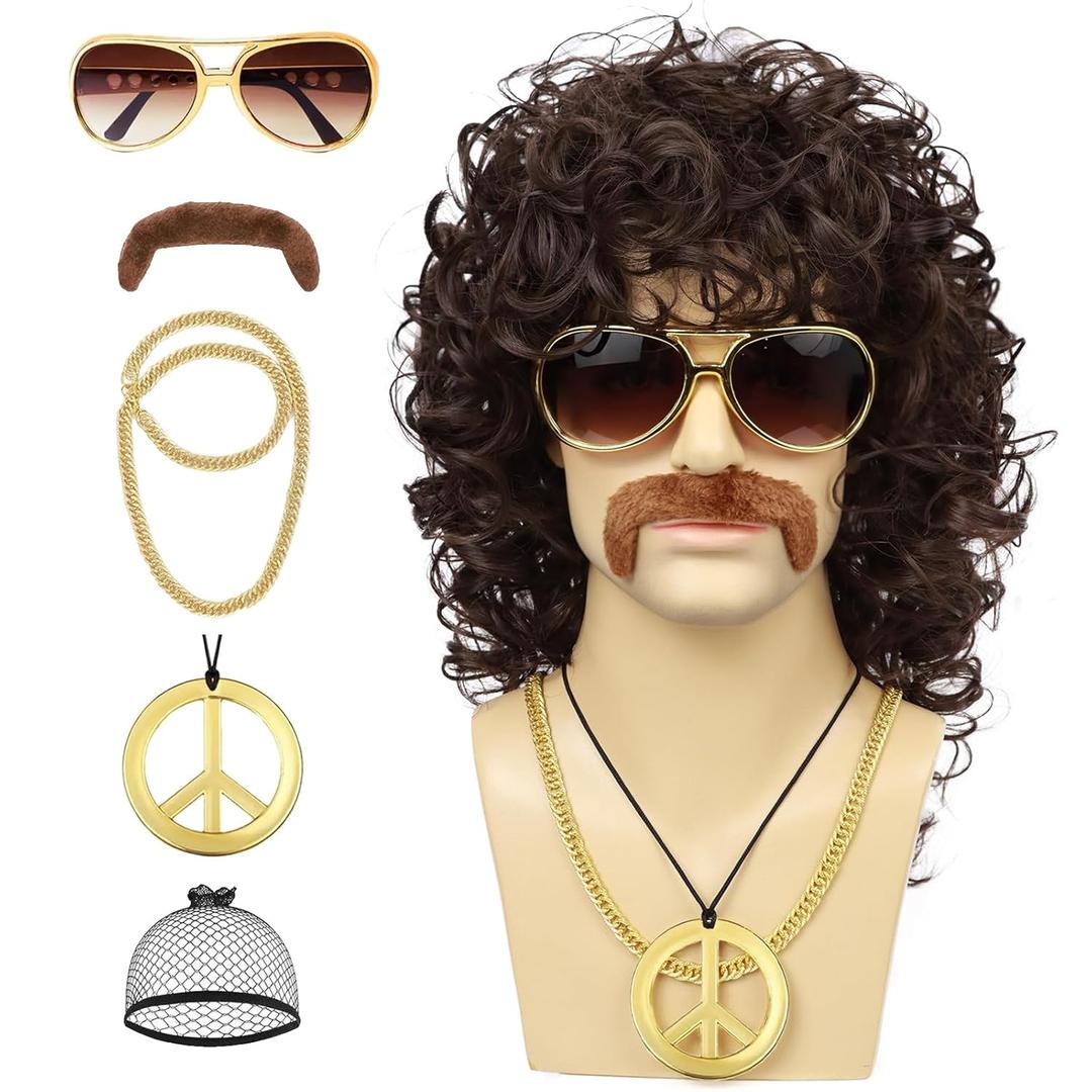 Mens Curly Wig + Glasses + Gold Chain + Peace Sign Necklace +Mustache + Wig Cap Long Curly Brown Wigs for 70s Disco Party Cosplay Costume Halloween Use6pcs Set