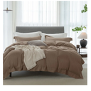 Cooling Queen Duvet Cover Set 3 Pieces-100% Washed Cotton with Chic Wide Trim Design Linen Like Textured Ultra Soft Cozy Bedding with Zipper Closure(Hemmed Light Brown,Queen 90"x90")