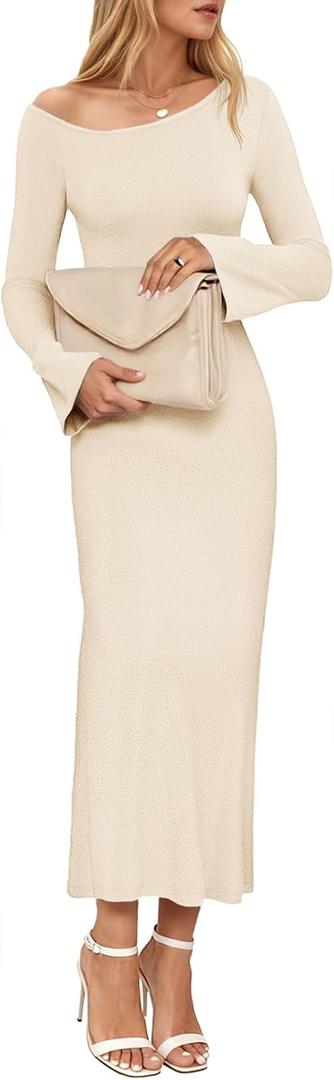 Wenrine Womens Fall Off The Shoulder Bodycon Sweater Dress 2025 Formal Long Sleeve Elegant Cocktail Party Maxi Dresses (Brown, XL)