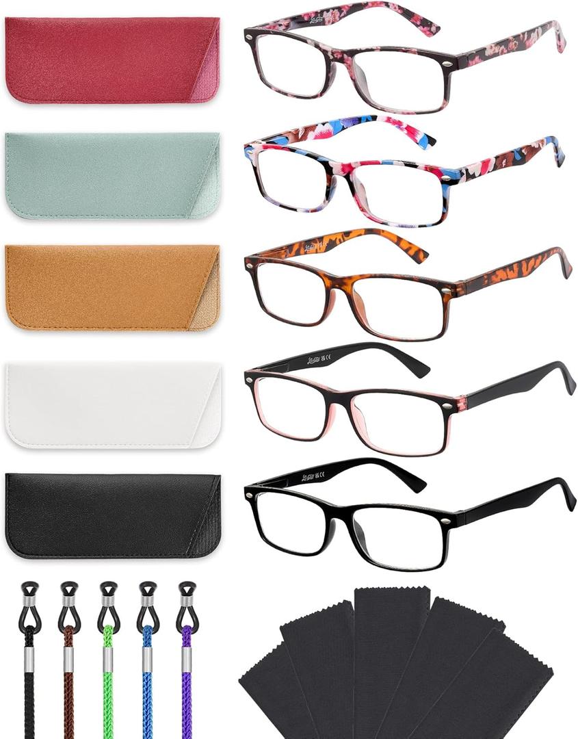 LADEESSE 5-Pack Reading Glasses for Women - Blue Light Blocking Readers for Computer Eye Strain Anti-Glare Men Womens Reader Eyeglasses/W Spring Hinge Bluelight Glass for Woman Eyes Protection(1.00)