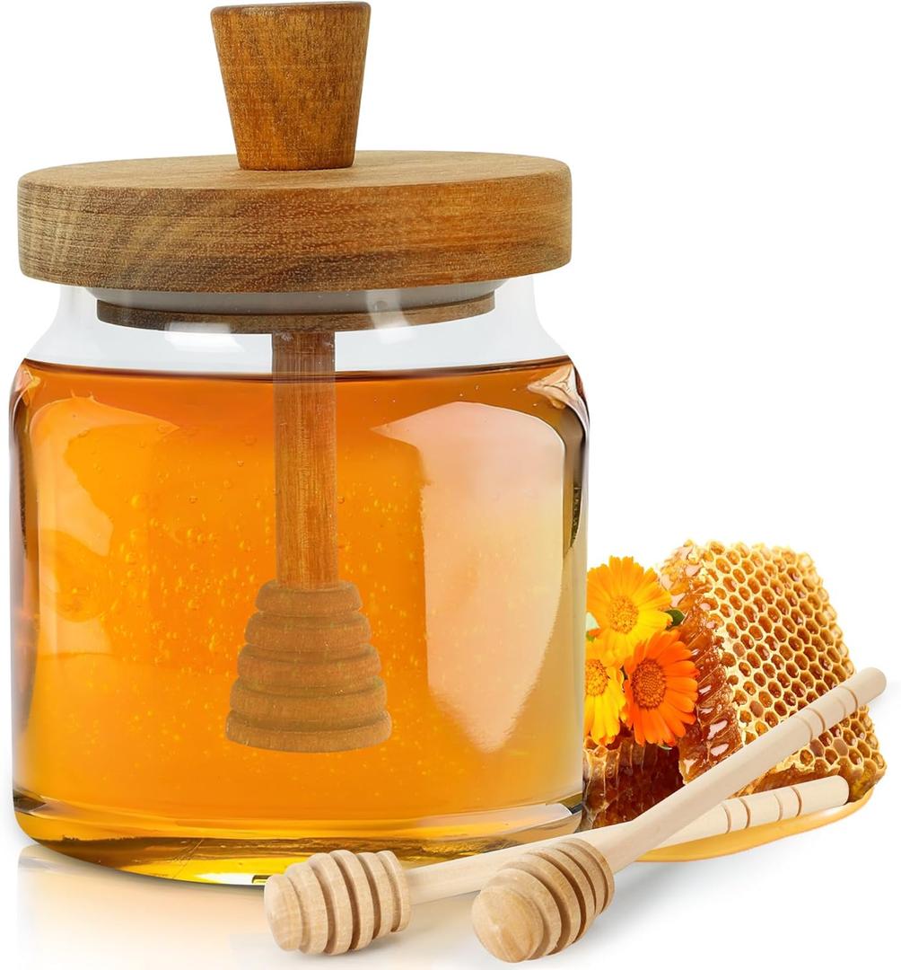 Loscarol Honey Pot with Dipper and Lid - 18 oz Glass Honey Jar with Wooden Honey Dippers Stick Set, Wide Mouth Honey Containers - Airtight Syrup Dispenser for Home Kitchen (Transparent)