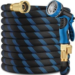 50 ft Garden HoseNo Kink,Heavy Duty,Lightweigh Flexible,Leakproof Water Hose with Sprayer Nozzle3/4" Solid Brass ConnectorsRubber Car Hoses