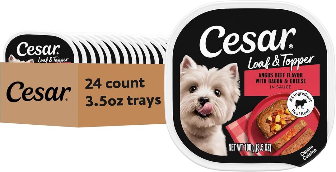 Cesar Loaf & Topper in Sauce Wet Dog Food Angus Beef Flavor with Bacon & Cheese, 3.5 oz. Easy Peel Trays, 24 Count (Pack of 1) (EXP 01/01/28)