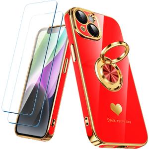 Compatible for iPhone 14 Case with 2 Pack Screen Protector, 360 Rotatable Ring Holder [Luxury Hearts Pattern] Plating Gold Edge Slim Soft Phone Cover Case for iPhone 14 - Red